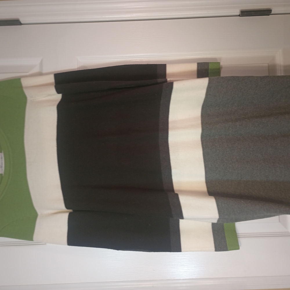Striped Sweater Dress in Green, Black, Gray and cream.